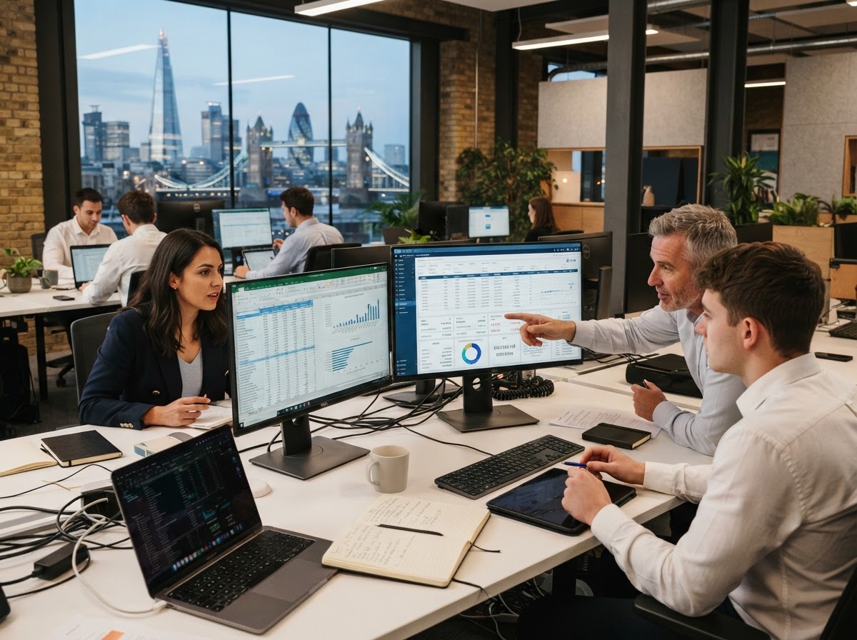 UK Legacy analysts reviewing predictive model output on a trading desk